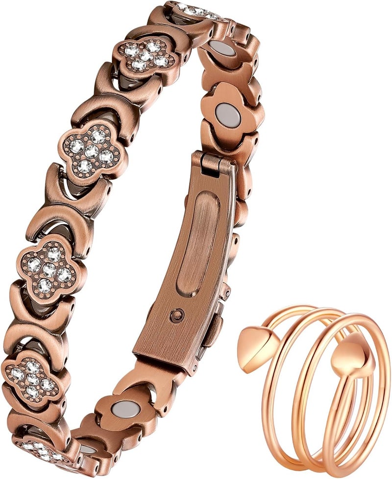 Jeracol Copper Bracelets & Ring for Women, Ultra Strength Magnetic Bracelet with 3800 Gauss Magnets & Sparkling Cubic Zirconia, Pure Copper Clover Jewelry - Image 1